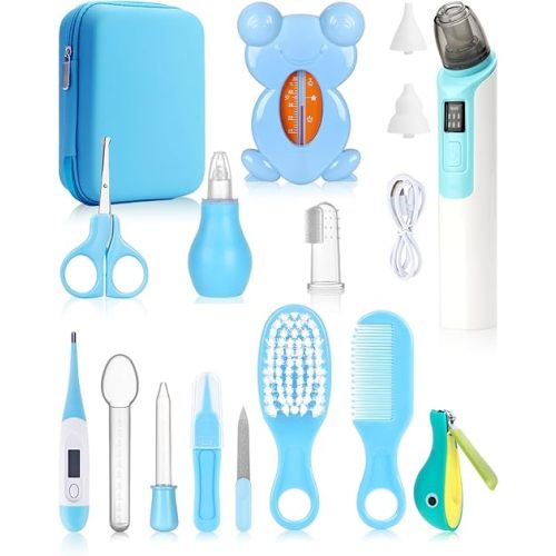 Baby Grooming and Healthcare Kits with Electric Nasal Aspirator, 17 in 1 Portable Baby Safety Care Set with Hair Brush Comb Nail Clipper for Newborn Infant Girl Boys(Blue)