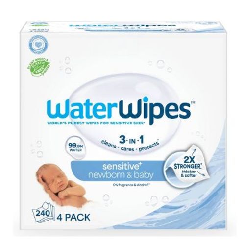 WaterWipes Sensitive+ Newborn & Baby Wipes, 3-In-1 Cleans, Cares, Protects, 99.9% Water, Unscented & Hypoallergenic - 240ct: Latex-Free, Vegan