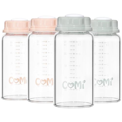COMI Natural Glass Baby Bottle,Standard Neck Breastmilk Storage Bottle for Fridge,Breast Milk Container,Breast Pump Bottle Compatible with Medela Breast Pump,BPA Free,4PCS (5oz,4 Gray Lids)