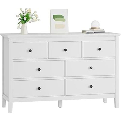 CARPETNAL White Dresser for Bedroom, 7 Drawer Dresser with Wide Drawers and Metal Handles, Wood Dressers & Chests of Drawers for Hallyway, Entryway