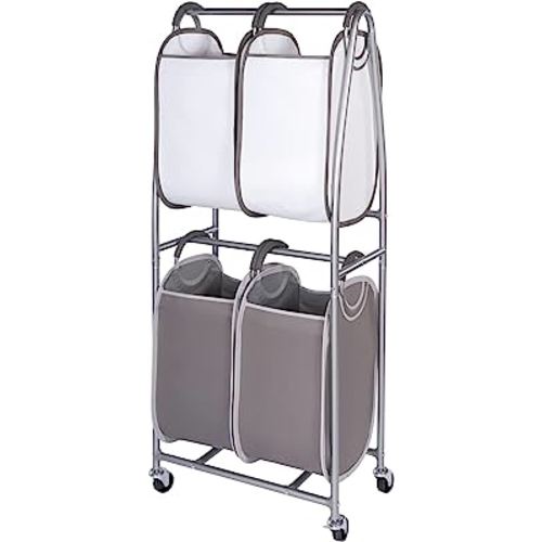 NEATFREAK - 2 Tier Vertical Rolling Laundry Cart - Rolling Storage Cart On Wheels With 4 x Tote Hampers For Laundry, Towels, Blankets & Bathroom Organization - Quad Laundry Sorter