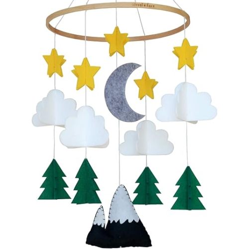 Baby Crib Mobile (Starry Woodland Night, Long Evergreen) - Nursery Decoration Ceiling Mobile and Baby Shower for Boys & Girls