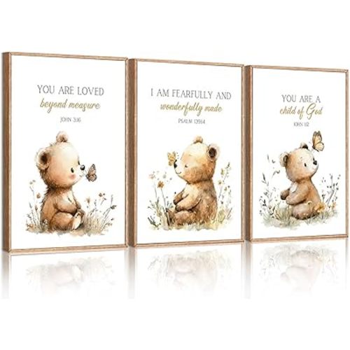 3Pcs Nursery Animal Bible Verse Wall Art Cute Bear Butterfly wildflowers Teddy Bear pictures Christian Baby Nursery Posters Prints for Kids Boys Girls Room Home Decoration 16x24in Unframed
