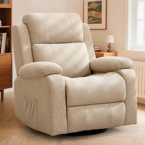 Korser Swivel Rocker Recliner Chair for Adults with Massage and Heat,Upholstered Manual Recliner with Side Pockets Glider Recliner for Living Room,Linen,Khaki