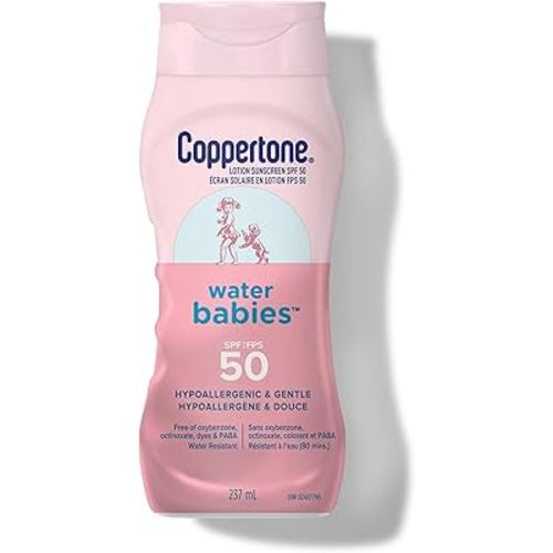 Coppertone WaterBabies Baby Sunscreen Lotion SPF 50, Hypoallergenic Sunscreen for Babies, Water Resistant, Pediatrician Recommended, 8 Fl Oz Bottle