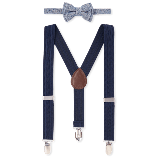 Toddler Boys Chambray Matching Bow Tie And Suspenders Set - Blue