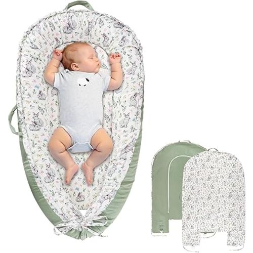 Baby Lounger Cover for Boys Girls, Reversible Baby Nest Cover, Adjustable Baby Lounger Replaceable Cover for Infant Newborn, Portable and Machine Washable, Cotton Green Rabbit Cover Only