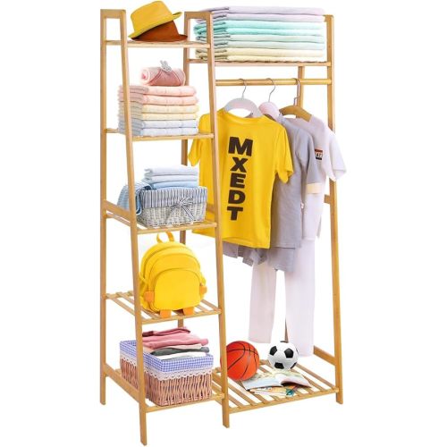 Wood Clothes Rack Garment Racks for Hanging Bamboo Clothing Rack with Shelves Corner Narrow Hanging Clothes Racks for Kids Clothes Organizer Small Space,Free Standing (Ladder Design)