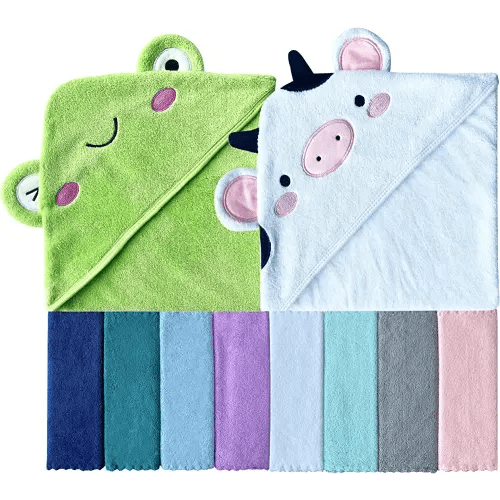 Sunny zzzZZ Baby Hooded Bath Towel and Washcloth Sets - 2 Towel and 8 Washcloths - Frog and Cow