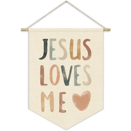 Bible Verses for Nursery Decor,Jesus Loves Me for Kids Wall Art Canvas Banner,Inspirational Christian Wall Hanging Pennant Flag Canvas Banner for Baby Kids Bedroom 15x11in
