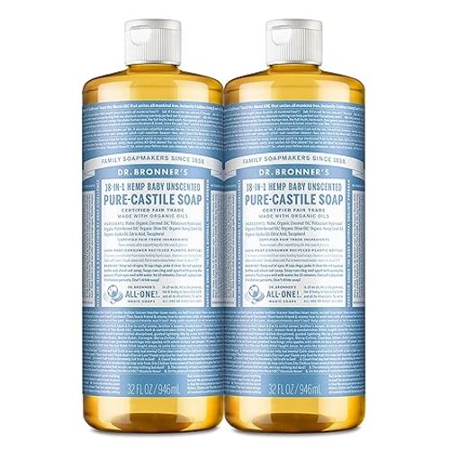 Dr. Bronner's - Pure-Castile Liquid Soap (Baby Unscented, 32 ounce, 2-Pack) - Made with Organic Oils, 18-in-1 Uses: Face, Hair, Laundry and Dishes, For Sensitive Skin and Babies, No Added Fragrance