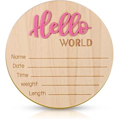 Baby Announcement Sign, 5.9 Inch Wooden Hello World Newborn Welcome Sign Birth Baby Name Plaques for Photo Props Baby Shower Hospital Nursery (Pink)