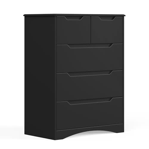 Gizoon 5 Drawers Chest, Black Dresser for Bedroom with Large Storage Capacity, Chest of Drawers with Embedded Handle, Sturdy Anti-Tripping Device for Hallway, Office, Living Room