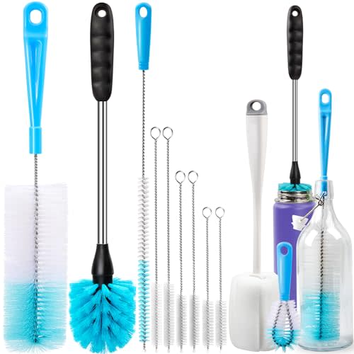 Holikme Bottle Brush Tube Cleaning Set with Long Handle, Cup Cleaner for Washing Narrow Neck Beer Wine Decanter Pipes Lids Sinks Cap Covers, White