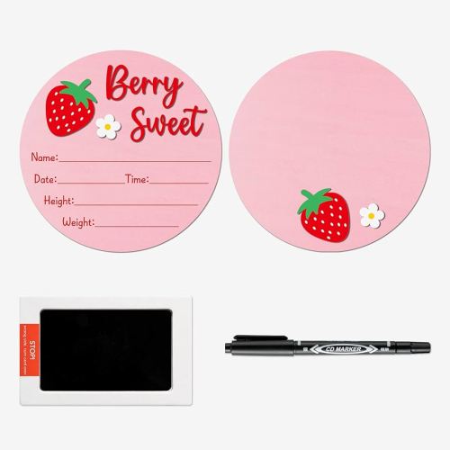 R HORSE Baby Announcement Sign with Ink Pad and Marker Pen Pink Strawberry Hello World Wooden Keepsake for Newborn Handprints Footprints Christening Shower Gift Double-Sided Name Plaque Welcome Sign