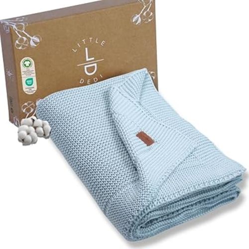 100% Organic Cotton Baby Knitted Blanket in Gift Box - Soft Toddler, Crib, Stroller Blanket - Neutral Swaddle and Receiving for Newborns, 30"x40", Baby Blue