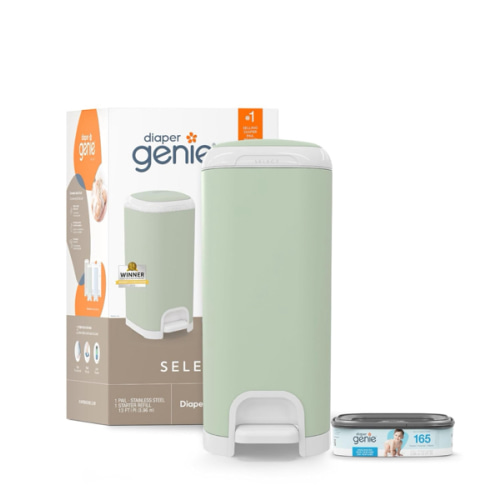Diaper Genie Select Pail (Green) is Made of Durable Stainless Steel and Includes 1 Starter Square Refill That can Hold up to 165 Newborn-Sized Diapers.