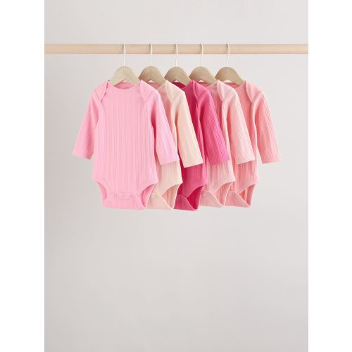 Pink Baby Long Sleeve 100% Cotton Ribbed Bodysuits 5 Pack