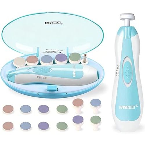 Fansidi Upgraded Baby Nail Trimmer Electric | Easy & Safe Baby Nail File, Precise 4-Stage Gentle Nail Buffer + Nail Clippers for Newborn to Toddler, with 18 Grinding Heads & Soft LED Light, Blue