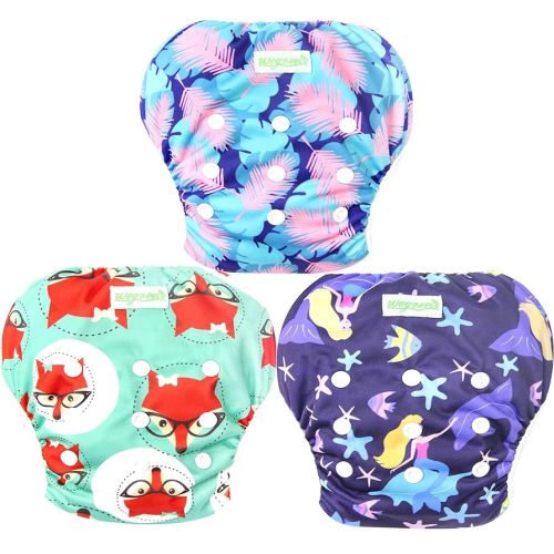 wegreeco Baby & Toddler Snap One Size Adjustable Reusable Baby Swim Diaper (Mermaid,Fox,Feather,Large,3 Pack)