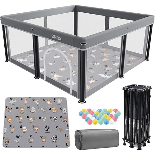 Foldable Baby Playpen with Mat,50"×50" Collapsible Playard for Babies and Toddlers,Indoor&Outdoor Kids Safety Play Pen,Portable Travel Playpen ‌with Travel Pack and 50 Ocean Balls