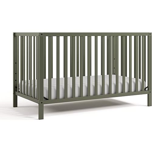Storkcraft Morningside 5-in-1 Convertible Crib – GREENGUARD Gold Certified, Fits Standard Crib Mattress, Converts to Toddler Bed, Daybed and Full Bed, 4 Adjustable Mattress Heights (Olive)