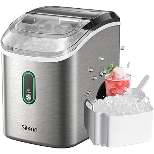 Silonn Nugget Ice Maker Countertop, Pellet Ice Machine with Self-Cleaning Function, Sonic Ice Maker Produces 33lbs of Chewable Ice in 24 Hours, Ideal for Home Kitchen and Office, Stainless Steel