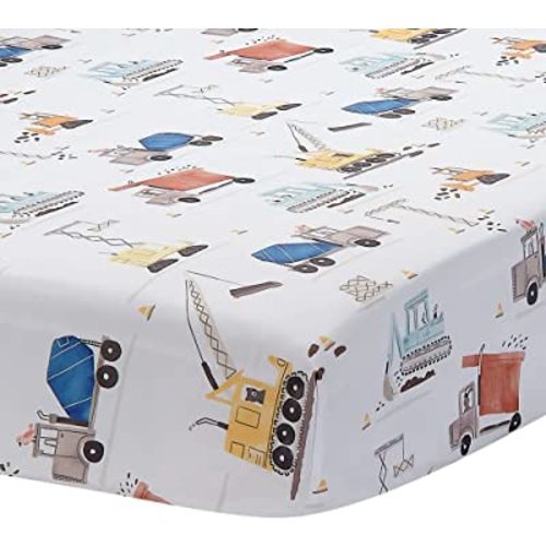 Bedtime Originals Construction Zone Baby Polyester Fitted Crib/Toddler Sheet- White/Trucks