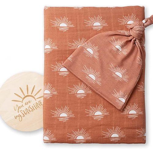 100% Organic Cotton Baby Muslin Swaddle Blanket Set| Rust Boho Sunrays Sunset| Gender Neutral for Boys Girls|Hospital Newborn Receiving Blanket |Newborn Unisex
