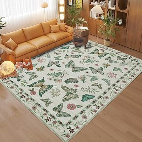 Insect Floral Area Rug for Living Room 5x7 Machine Washable Area Rug Non-Slip Low Pile Large Bedroom Rug Stain Resistant Throw Rug Carpet for Nursery Dining Room Kids Playroom Office Beige