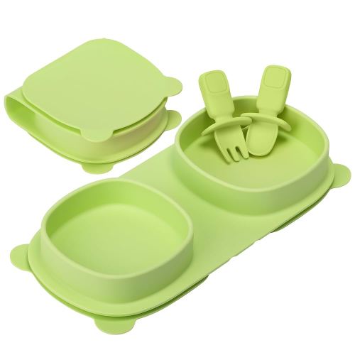 Silicone Foldable Novelty Dinner Plates,Suction Plates for Baby Travel Essential with Forks and Spoons,Microwave & Dishwasher Safe,Green