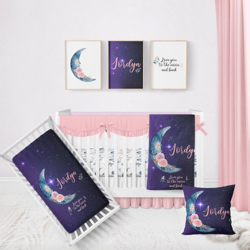 Love You to the Moon Crib Bedding Set, Crib Bedding Set Girl, Moon Nursery, Baby Bedding, Baby Girl Moon Bedding, Moon Girl Crib