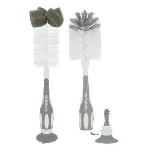 Dr. Talbot’s Bottle and Nipple Brush, Soft Nylon Bristles, Sponge Top, Handle with Suction Base, 2 Pack, Gray