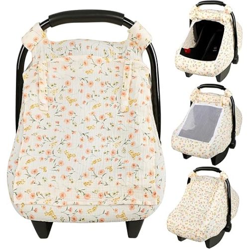 Summer Baby Car Seat Cover, Muslin Carseat Cover for Infant Boys Girls with Large Mesh Window, Breathable Newborn Car Seat Canopy, Red Flower