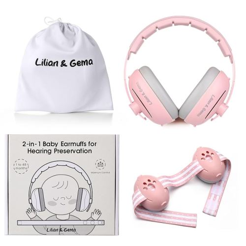 Lilian&Gema 2-in-1 Baby Ear Muffs Noise Protection, Adjustable Headphones with Stretchy Band, Noise Cancelling Headphones for Babies & Toddlers up to 4 Years, Baby Airplane Essentials/Outdoor, Pink