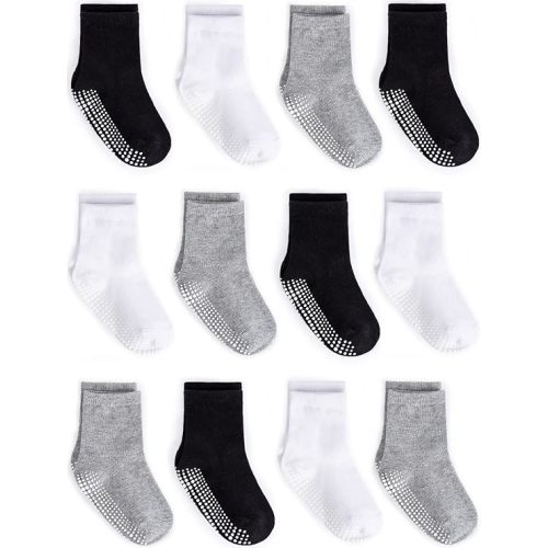 Zaples Grip Crew Socks with Non Slip/Anti Skid Soles for Baby Infants Toddlers Kids Boys Girls - 0-6 Months - Assorted 12 Pack