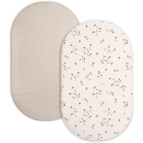 Bassinet Sheet for Baby Boy and Girl 2 Pack, Fitted Sheets for Rectangle, Oval, Hourglass Bassinet Mattress, Muslin Moses Basket Sheets with Neutral Style(Gentle Branches & Beige)