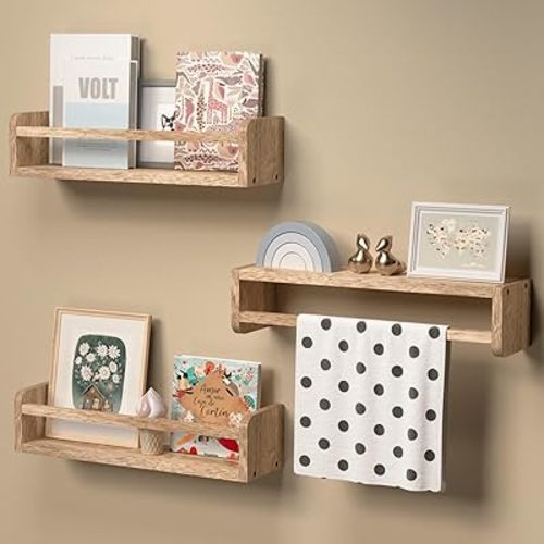 Floating Shelves Set of 3, Wall Mounted Nursery Bookshelf for Kids Room Storage, Wood Floating Shelves for Wall, Baby Book Shelves for Kids Bedroom Toddler Room Decor - Rustic Brown