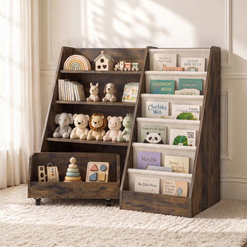 Scohul 3-in-1 Kids Bookshelf and Toy Organizer, Walnut with Rolling Bin