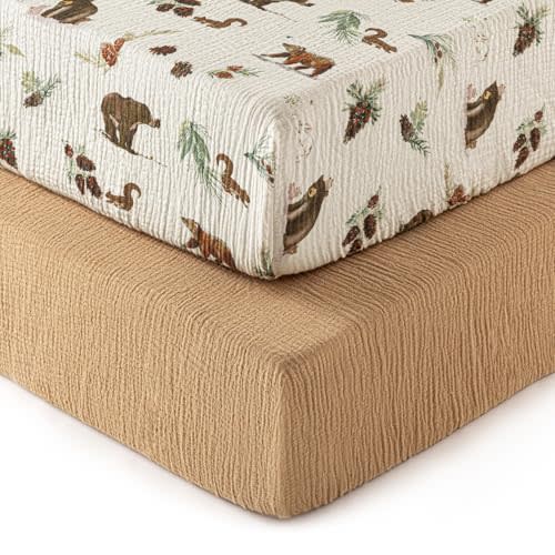 david's kids Muslin Crib Sheets for Boys, 2 Pack 100% Cotton Soft Breathable Fitted Baby Sheet Set, Standard 52"x28" Crib and Toddler Mattress, Woodland Animal