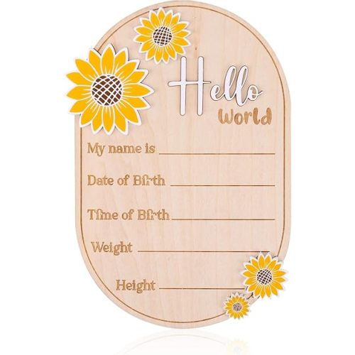 Baby Announcement Sign, 5.9in Newborn Announcement Sign, Oval Sunflower Hello World Sign, Wooden Welcome Birth Baby Name Board Plaques for Boys Girls, Photo Props Baby Shower Hospital Nursery