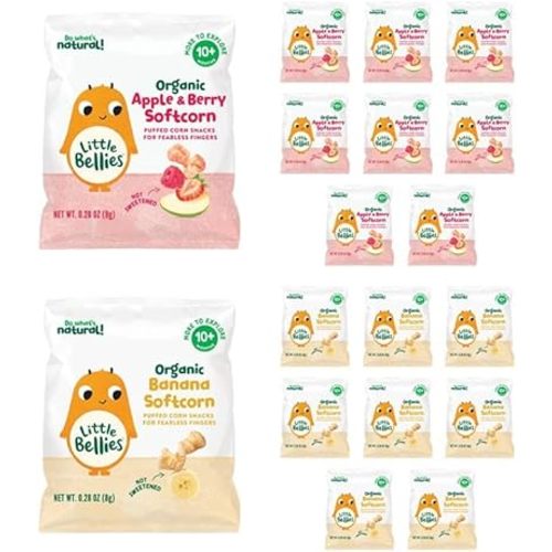 Little Bellies Organic Softcorn Variety Pack, Apple & Berry and Banana (Pack of 18 x 0.28 oz Individual Packs)