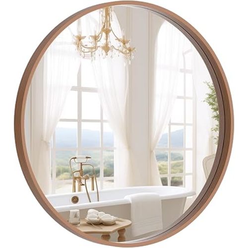 WallBeyond Wood Round Mirror with Wood Frame 24 inch Circle Wall Mirror for Bathroom Round Wall Mirror for Wall Decor, Vanity, Entryway Living Room (Walnut)