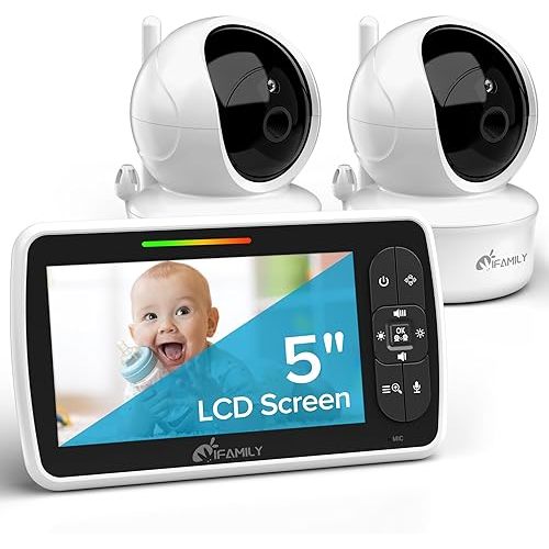 iFamily Baby Monitor with 2 Cameras | Remote Pan-Tilt-Zoom Video Baby Monitor with Camera and Audio, 5” Large Display, Night Vision, Temperature Display, Lullaby, 2 Way Audio & 960ft Range