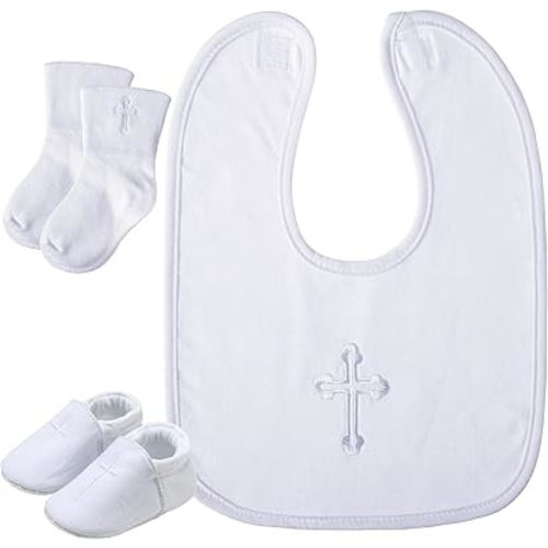 5 Pcs Baptism Gifts for Boys Girls Including White Embroidered Cross Bib Christening Shoes and Socks for Baby Infant Toddler First Communion Outfit (0-6 Month)