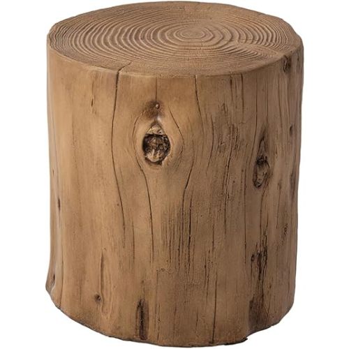 SUNBURY Outdoor Stump Side Table, Faux Wooden Concrete Side Table, Tree Stump Wooden Stool, Patio End Table, Round Outdoor Accent Drum Table, Light Brown Ottoman or Plant Stand