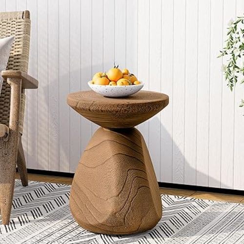 SUNBURY Outdoor Side Table, 14" Small Outdoor End Table, Faux Wood Patio Side Tables, Round Outdoors Concrete Side Tables, Garden Stool Plant Stand for Balcony, Lawn (Brown)