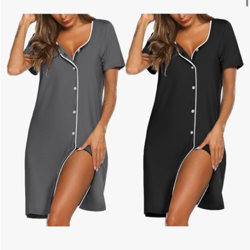 Ekouaer Nightgowns for Women 2 Pack Button Down Sleepshirt Short Sleeve Nightshirt Soft Sleepwear V Neck Pajama Dress
