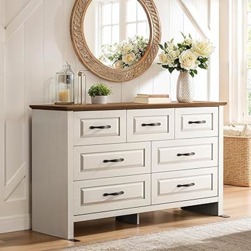 Amada Farmhouse 7 Drawer Dresser for Bedroom, 47.2 Inch Wide Wood Dresser with Natural Texture, Large Drawers, Rustic Farmhouse Chest of Drawers for Bedroom, Living Room, Hallway, Brown & White