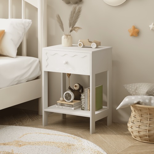 White Nightstand with Drawer and Open Shelf,Modern Solid Wood Bedside Table,End Table for Bedroom, Living Room,Small Spaces